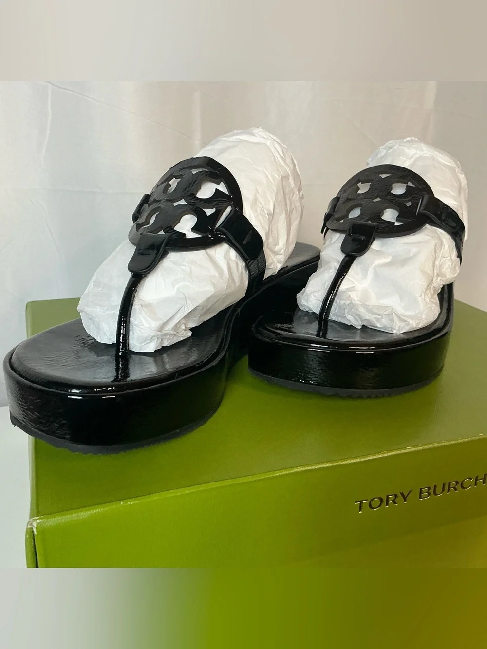 Tory Burch Black Patent Leather Wedge Sandals